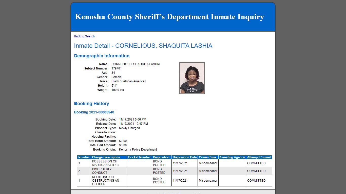 Inmate Detail - CORNELIOUS, SHAQUITA LASHIA